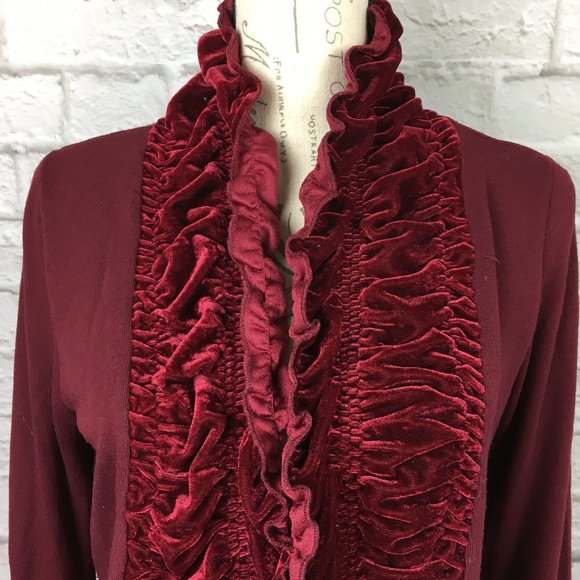 Etoile Burgundy Cardigan with Ruched Velvet Trim - Picture 2 of 4